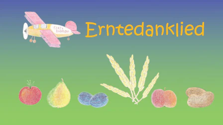 Elkes Flugzeug fliegt über die Erntedankgaben und bringt das Erntedanklied
